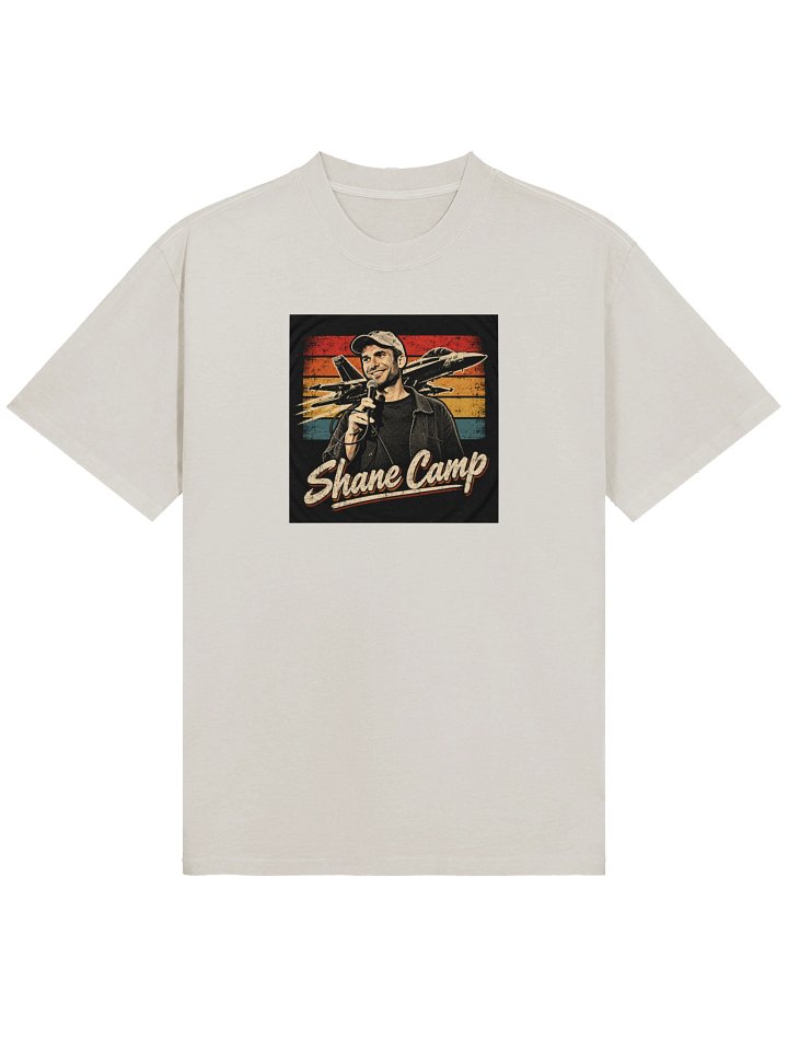 Cream Shane Camp T-shirt with a vintage fighter jet and comedian graphic